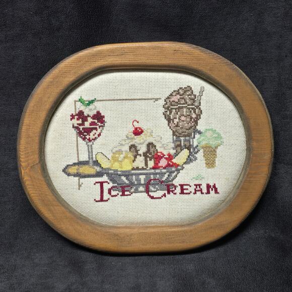 Vintage Hand Made Cross Stitch Ice Cream Inside a Wooden Hangable Frame - Picture 1 of 6